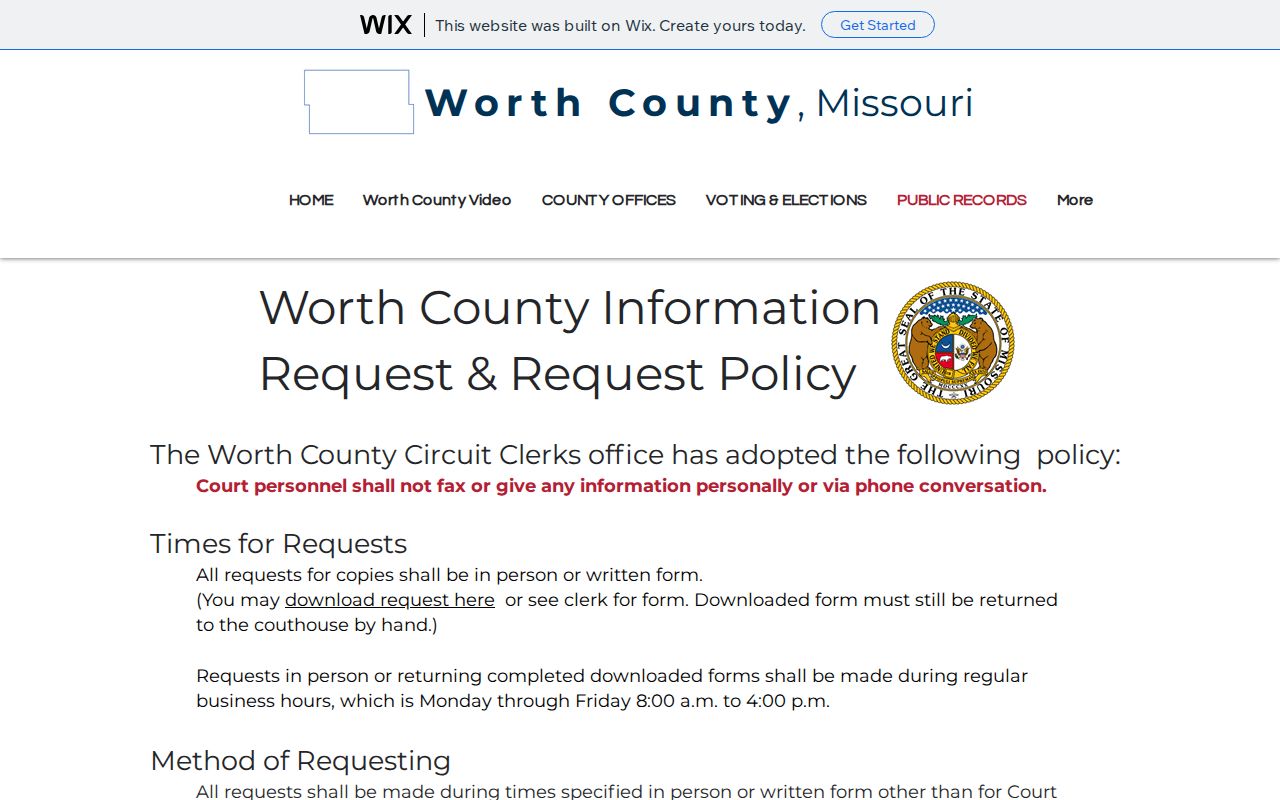 Worth County court records reference image for the public-records policy